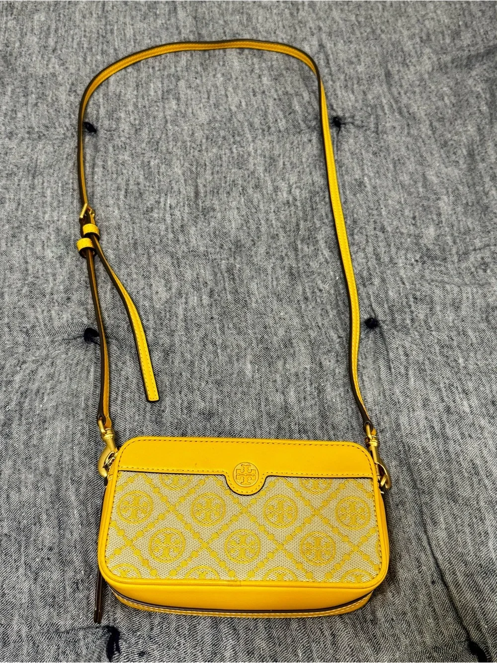 Tory Burch T Monogram Mini Yellow Tan Jacquard Crossbody